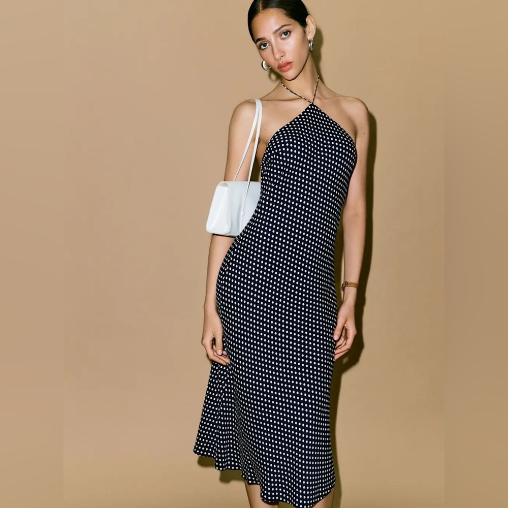 Reformation Floria Dress in Dream Dot (Navy with White Polka Dots) - Size XS